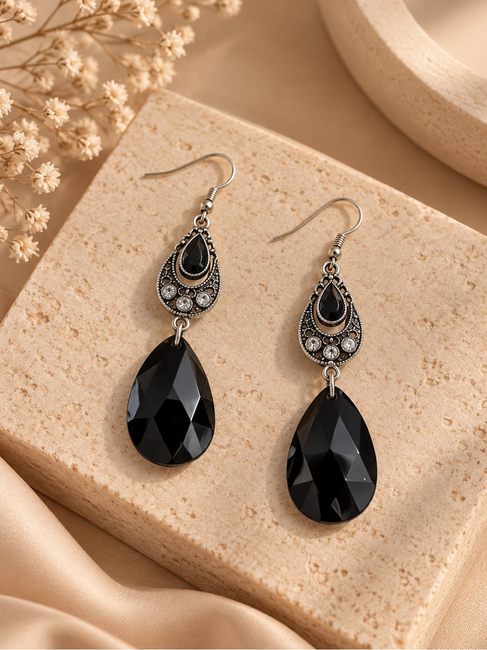 Gothic Black Faceted Teardrop Statement Dangle Earrings